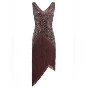 NWT Babeyond Brown Asymmetrical Multi-Layered Fringe Flapper Dress